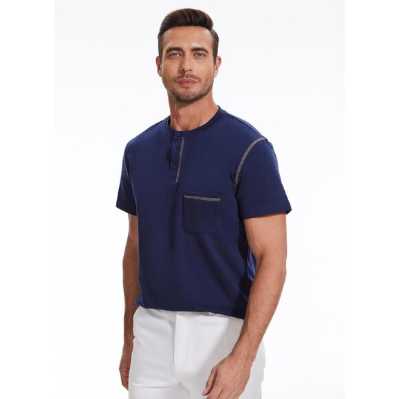Men Short Sleeve Polo T Shirt Navey Blue Striped Casual Slim Fit Top - Picture 5 of 8